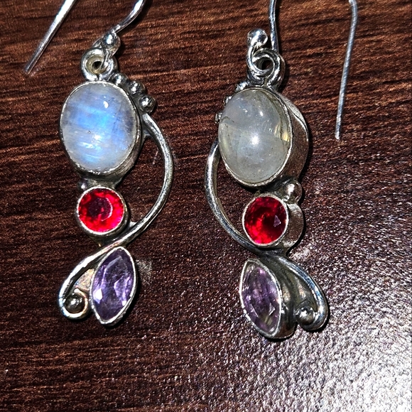 Moonstone Garnet & Rose Quartz Gemstone Earring 925 Sterling Silver - Picture 3 of 7